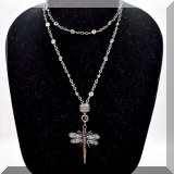 J134. Chain necklace with crystals and pave diamond dragonfly pendant. 